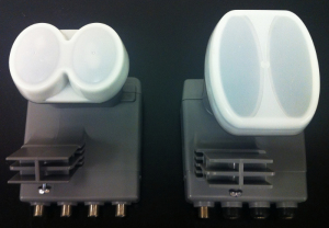 A quad LNBF (left) and xKu LNBF (right).